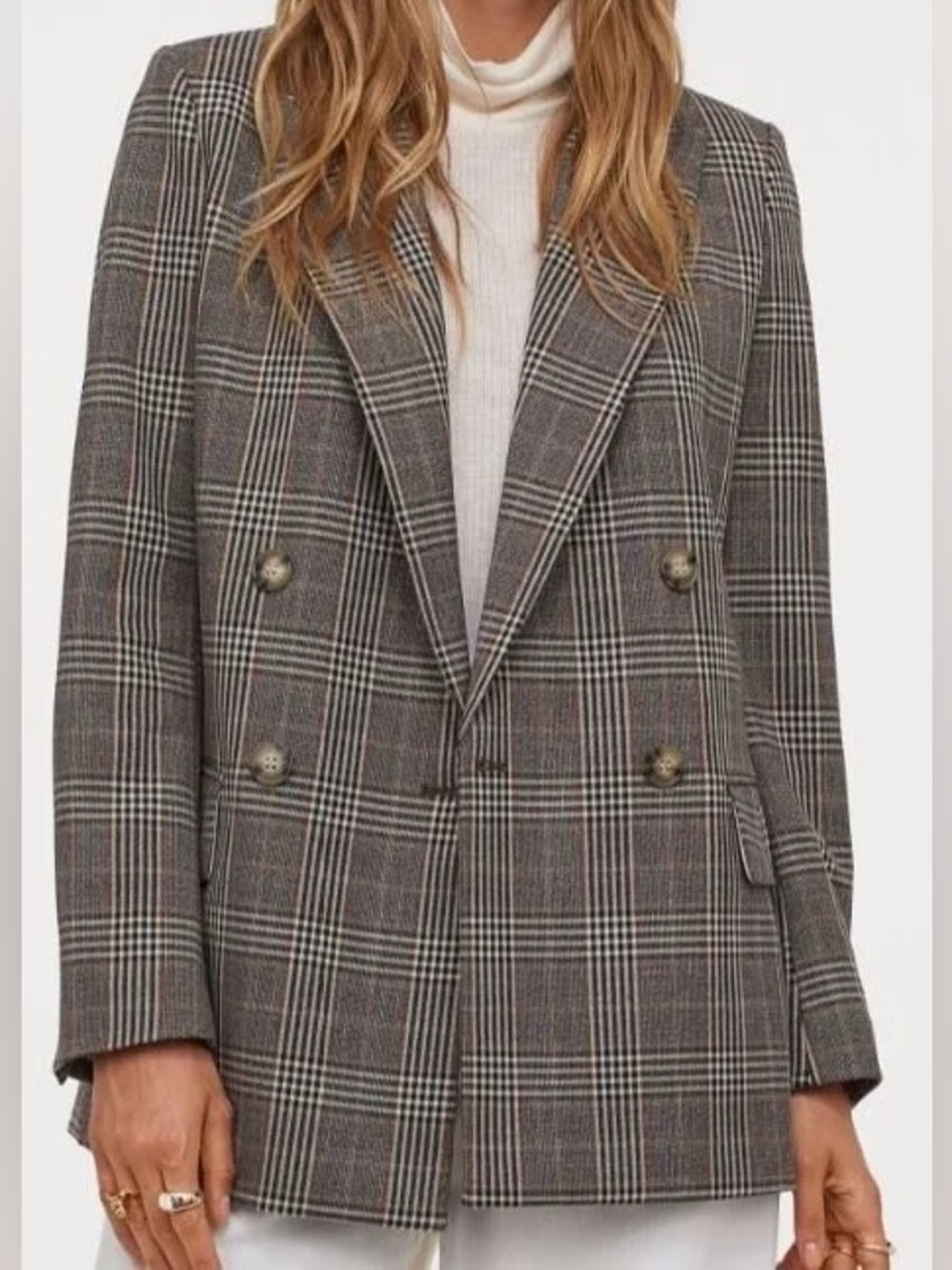H&M Plaid Double-Breasted Blazer Jacket - Brown/Gray
